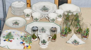 lot 122 image: Vintage 35 Piece Nikko Classic Collection Christmas Tree Dinner Set - Including Hard to Find Salt &amp Pepper Shakers, Creamer, Cookie Dish, Tree-Shaped Candy Dish, and Matching Table Cloth