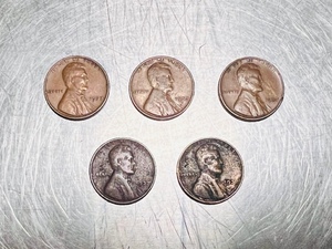 lot 134 image: Five 1937 Lincoln Wheat Pennies