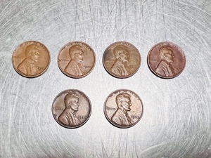 lot 135 image: Six 1937-1939 Lincoln Wheat Pennies