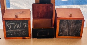 lot 149 image: Three Small Wooden Storage BoxesContainers W Two Having Chalk Boards to Write Contents