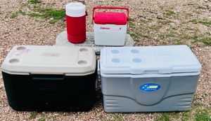 lot 177 image: Three Coleman Coolers &amp One Igloo Beverage Jug