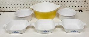 lot 185 image: Lot of 6 Corningware Casserole Dishes - Including Two P-41 Petite Pans, P-41-B, Two F-16-Bs, &amp B-1.34-B