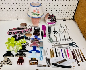 lot 236 image: Huge Lot of Womens Hair &amp Nail Care Items WScented Candle with Ceramic Shade &amp Mirror and Compact