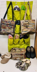 lot 240 image: Route 66 Bags, Welsen Travel Case, Three Size 8 Clogs, &amp Shoe Organizer Bag WContents Included