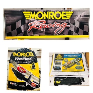 lot 218 image: Three (3) Monroe Racing Banners, Two (2) Monroe Reflex Advertising Tire Covers, &amp Conroe Counter Mat