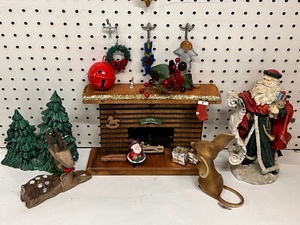 lot 267 image: Vintage A Flynn Family Christmas Ornamental Fireplace&nbsp W Vintage Stained Glass Ornaments, &amp Additional Figures