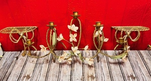 lot 294 image: Vintage Mid-Century Brass Toned 3 Piece Metal Wall Mounted Candelabra and Shelves&nbsp