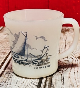 lot 305 image: Vintage 3-12 Currier & Ives Sailing Coffee Cup by Glasbake