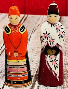 lot 324 image: Pair of Vintage Hand-Painted Russian Women Wooden Christmas Tree Ornaments - Signed by Artist