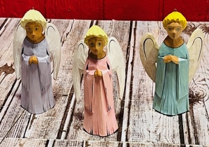 lot 328 image: Three (3) Vintage Russian Hand-Carved and Painted Angel Christmas Ornaments