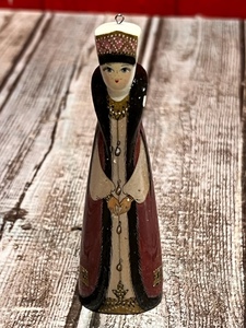 lot 342 image: Vintage Hand-Painted Russian Woman Wooden Christmas Ornament - Signed by Artist