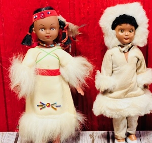 lot 357 image: Vintage 1960 Eskimo Intuit Souvenir Doll WIvory Fur Trim and Sleepy Eyes & Additional Indigenous Eskimo Doll