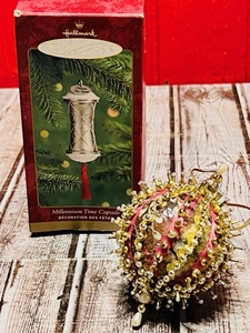 lot 370 image: Vintage Hand-Made Push-Pin Beaded and Jeweled Gold Christmas Ornament & Hallmark Millennium Time Capsule Ornament