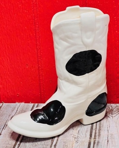 lot 374 image: Vintage 9 Ceramic Right Cowboy Boot PlanterVase W White With Black Spots Cow Design
