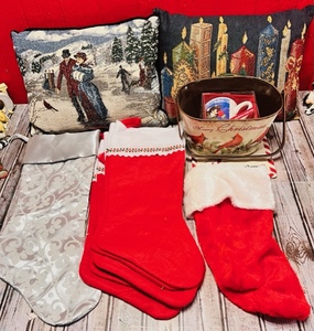 lot 391 image: Christmas Throw Pillows, Tin, Mug, Christmas Stockings, and The White Master Stocking For Yourself