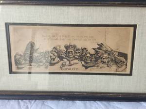 lot 111 image: Vintage framed and matted artwork of Equality - skulls -  12 x 22