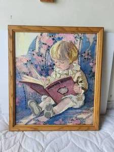 lot 133 image: Framed needle point little girl reading book - 15 x 17