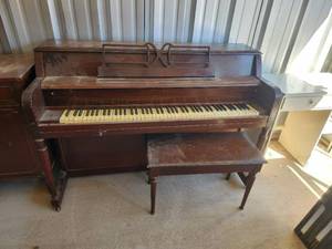 lot 135 image: Vintage Price & Teeple upright piano and stool with sheet music