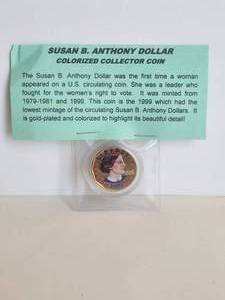 lot 48 image: Susan B. Anthony Dollar 1999 - colorized collector coin - gold plated