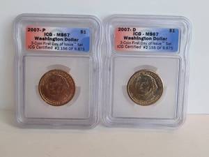 lot 85 image: 2007P and 2007D Washington Dollar - first day of issue