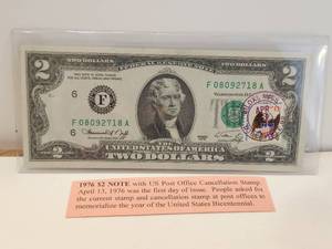 lot 118 image: 1976 $2 bill with U.S. Post Office cancellation stamp