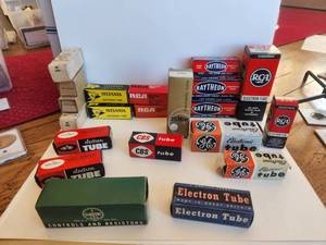 lot 150 image: Selection of vintage glass tubes - RCA, GE, Sylvania, Raytheon, CBS, and a Clarostat resistor