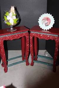 lot 2 image: Custom Painted, Hand Carved Small Accent Tables 18 Inches Tall, Decorative Vase and picture Frame