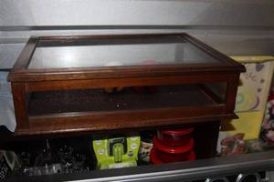 lot 102 image: Wooden and Glass Display Case as shown and a Snuggles bear and Clifford Red Dog