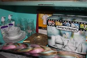 lot 90 image: Hair care items,  vintage dishes  Hand sanitizer and glasses
