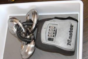 lot 112 image: Master Locks as shown,  No Combo or keys,  can be rekeyed