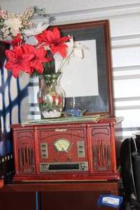 lot 116 image: Replica Vintage Record player combo, Sesame Street Records and Decorated Vase, and shadow Box Frame as shown