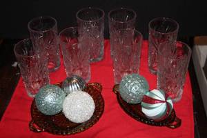 lot 125 image: Set of 8 American Brilliant Cut Crystal Tallboy glasses.  Beautiful pattern ... and Two green Indiana Glass small serving dishes. Ornaments included