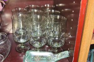lot 141 image: Set of 8 Lennox Green Mist Crystal watertea glasses, very elegant for a table setting, and a Collectable melted bottle