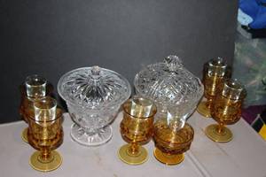 lot 137 image: Two Beautiful Crystal Cover dishes and  Small Thumbrinp Wine glasses and more as shown