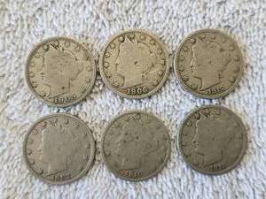lot 36 image: Selection of 6 vintage V-Nickels - 1905, 06, 07, 10, 11, and 1912