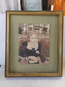 lot 99 image: Framed and matted Girl at a bar artwork - 20 x 23