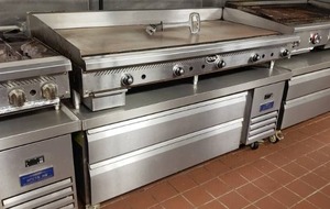 lot 3 image: 2-Piece Set Royal 60 Thermostat Controlled Heavy-Duty Gas Grill Model RTG-60-1 & Arctic Air 62 Refrigerated Chef Base Model ARCB60Z. This Combined Set is worth over $10k new