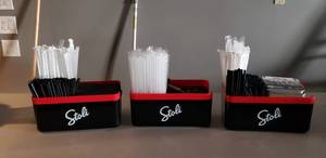 lot 57 image: Lot of 3 Stoli Stolichnaya Vodka Napkin & Straw Caddies