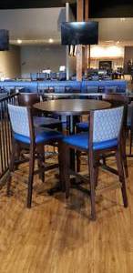 lot 76 image: 5-Piece Tall Round Table Set w 1 Solid Wood Flat-Inside� Self Stabilizing Table & 4 Matching Wooden Chairs