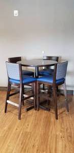 lot 90 image: 5-Piece Round Tall Table Set w 1 Solid Wood Flat-Inside� Self Stabilizing Table & 4 Matching Wooden Chairs