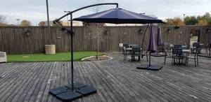 lot 25 image: 10 x 10 Large Outdoor Cantilever Pation Hanging Umbrella w Weighted Base