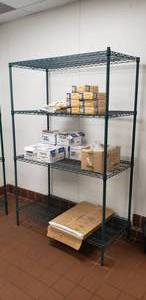 lot 242 image: Green Metal 48 Shelf w Contents, BUYER MUST TAKE ALL