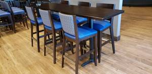lot 403 image: 7-Piece Set of Tall Long Table & Chairs.  Includes 1 Long Solid Wood Flat-Inside� Self Stabilizing Square Table & 6 Matching Wooden Chairs