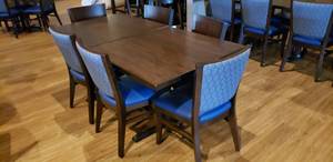 lot 414 image: 8-Piece Double Square Table Set w 2 Solid Wood Flat-Inside� Self Stabilizing Tables & 6 Matching Wooden Chairs