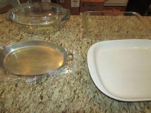 lot 81 image: Copper serving dish new, White Arabia 912 baking dish, clear glass baking dish 912, - covered Pyrex casserole dish