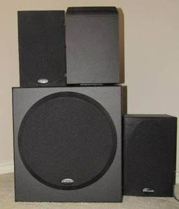 lot 92 image: Polk audio speaker set qty 4,  includes subwoofer, 2 side speakers, 1 middle main speaker