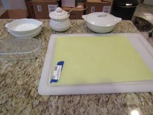 lot 203 image: clear glass covered butter dish, studio nova white bowls, covered dish, honey jar