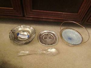 lot 159 image: silver platted lot of candy dish, plate, spoons and more