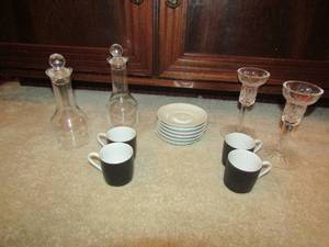 lot 135 image: Diamond cut crystal candle stick holders qty 2, 2 small clear glass DE canisters, 6 mini cup plates white, 4 black handled cups