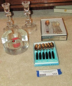 lot 141 image: Clear glass candle holders qty 2 6 piece little silver plated spoons, Silver plate 6 piece Demitasse spoons